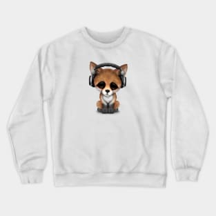 Cute Red Fox Cub Dj Wearing Headphones Crewneck Sweatshirt